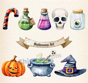 创意水彩万圣节元素矢量素材